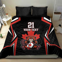 Black bedding set with red accents, bear mascot, number 21, and “YOUR TEXT” on comforter