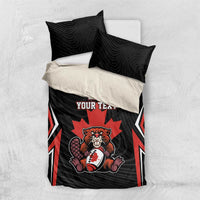 Black and red bedding set with bear graphic, number 21, and “YOUR TEXT” on duvet