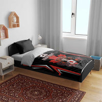 Black and red bedding set on bed with bear emblem, number 21, and “YOUR TEXT” panel