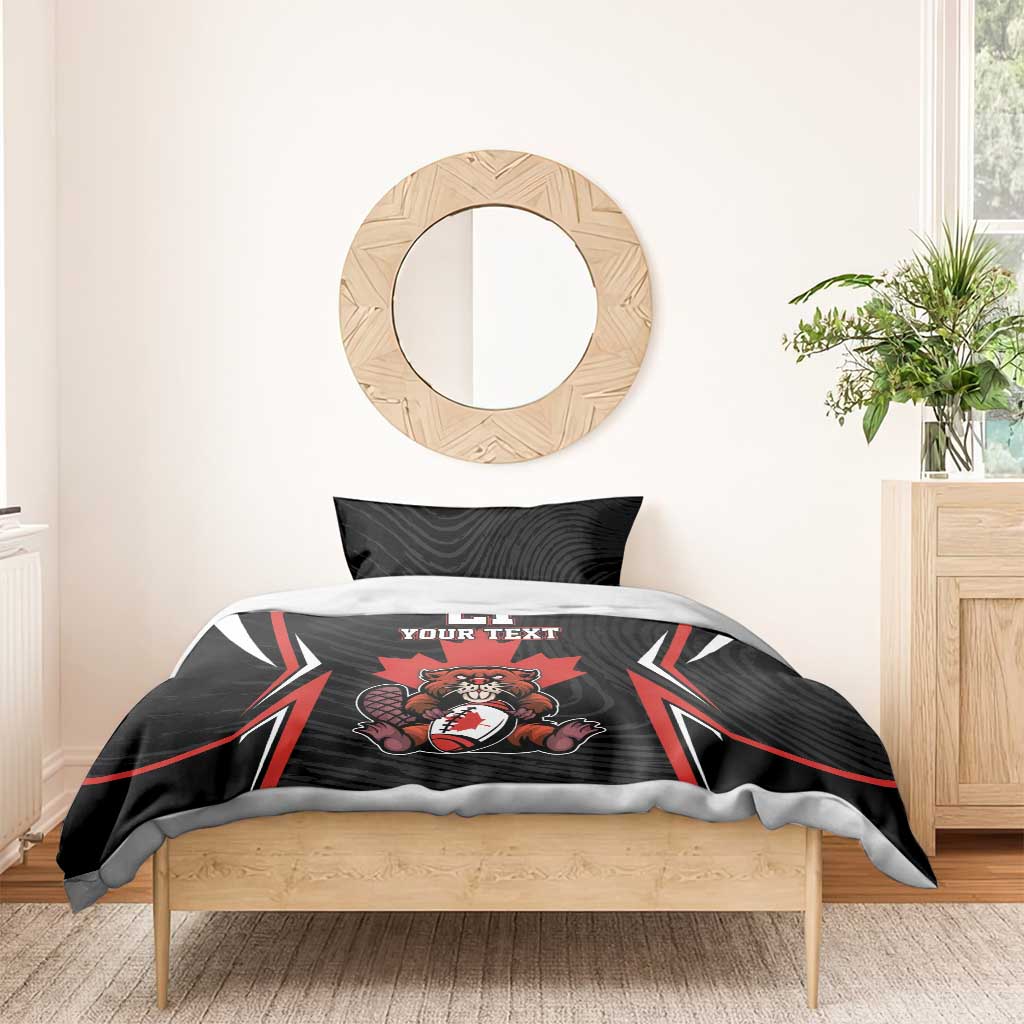 Black and red bedding set with bear mascot, number 21, and “YOUR TEXT” on duvet top