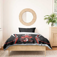 Black and red bedding set with bear mascot, number 21, and “YOUR TEXT” on duvet top