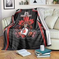 Black Canada rugby blanket with red and white stripes, beaver holding football, 21 YOUR TEXT