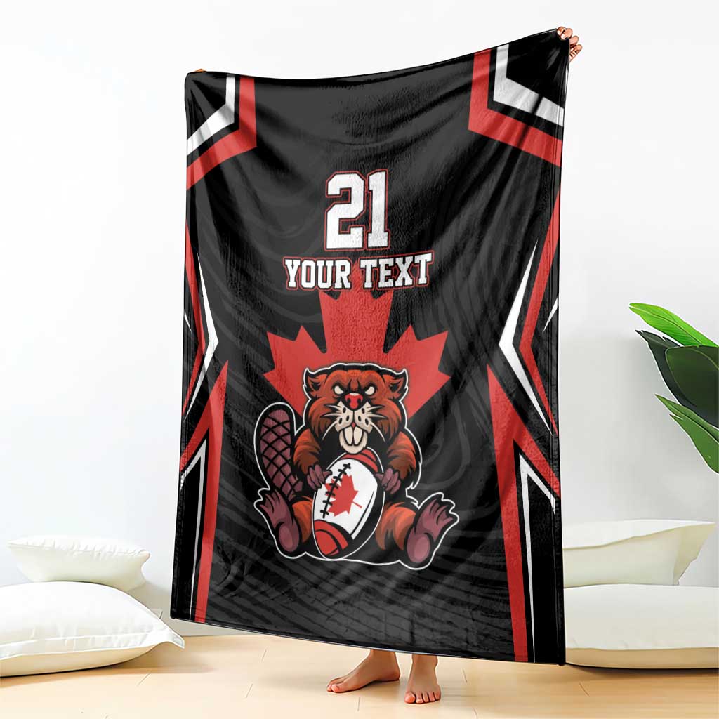 Black Canada rugby blanket with red and white stripes, beaver and maple leaf, 21 YOUR TEXT