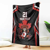 Black Canada rugby blanket with red and white stripes, beaver and maple leaf, 21 YOUR TEXT