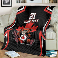 Black Canada rugby blanket close-up showing beaver, maple leaf, red stripes, 21 YOUR TEXT
