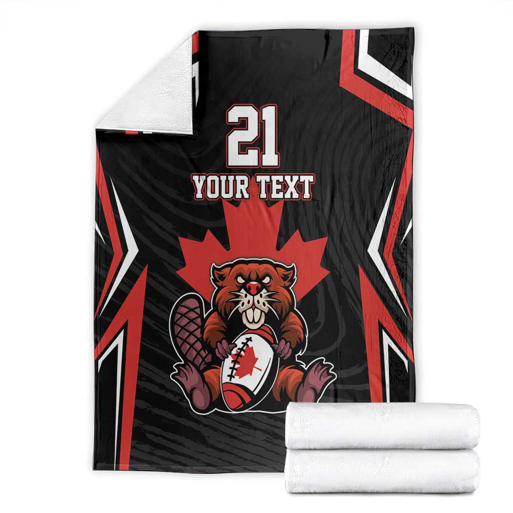 Folded black Canada rugby blanket with red and white stripes, beaver, maple leaf, 21 YOUR TEXT