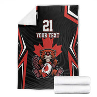 Folded black Canada rugby blanket with red and white stripes, beaver, maple leaf, 21 YOUR TEXT