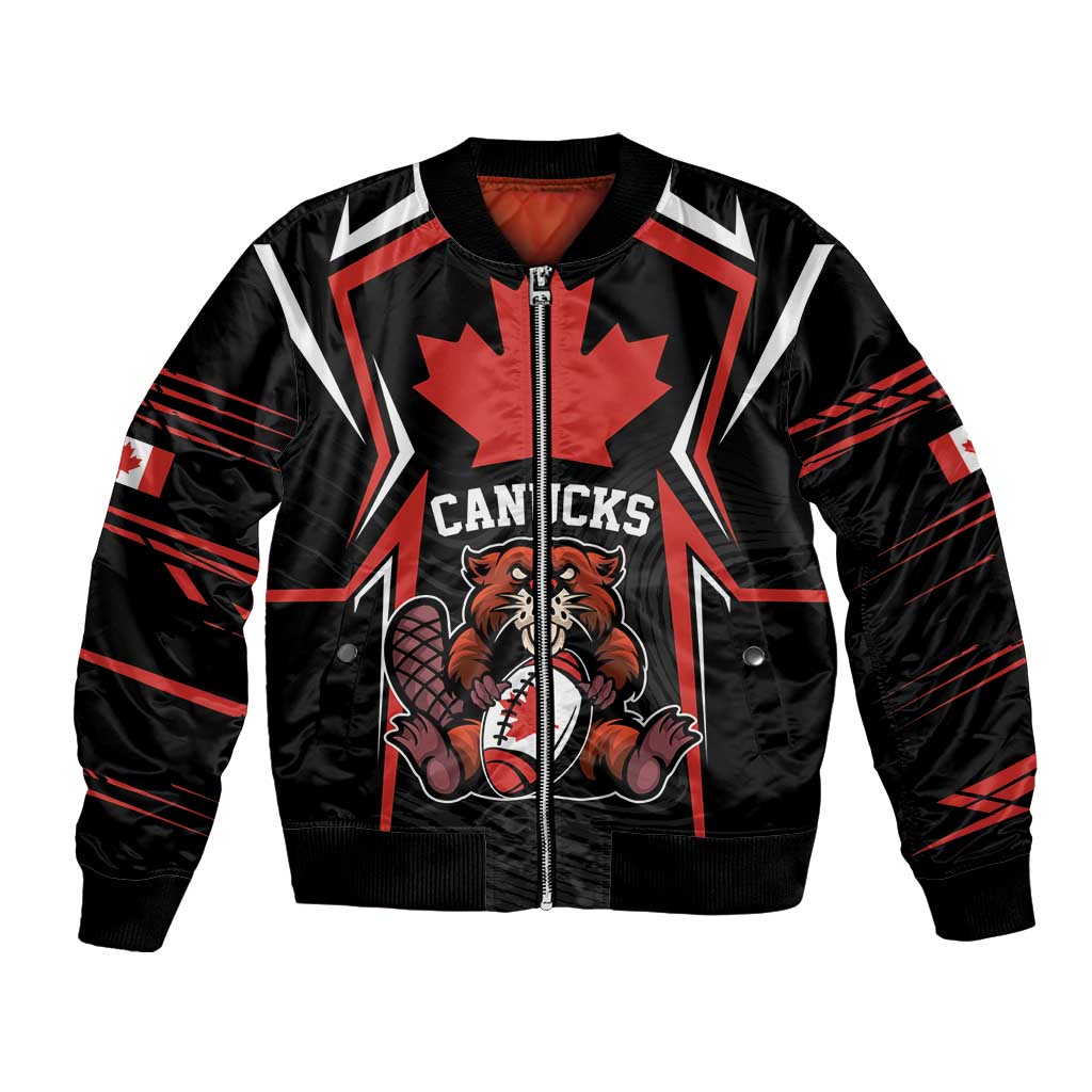 Black bomber jacket with red zipper and CANUCKS chest logo graphic