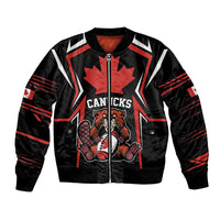 Black bomber jacket with red zipper and CANUCKS chest logo graphic