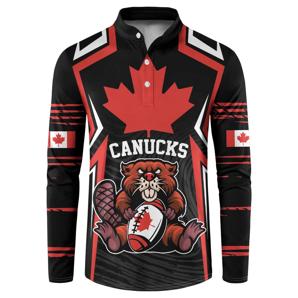 Men's black rugby button sweatshirt with red maple leaf and Canucks mascot graphic
