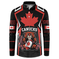 Men's black rugby button sweatshirt with red maple leaf and Canucks mascot graphic