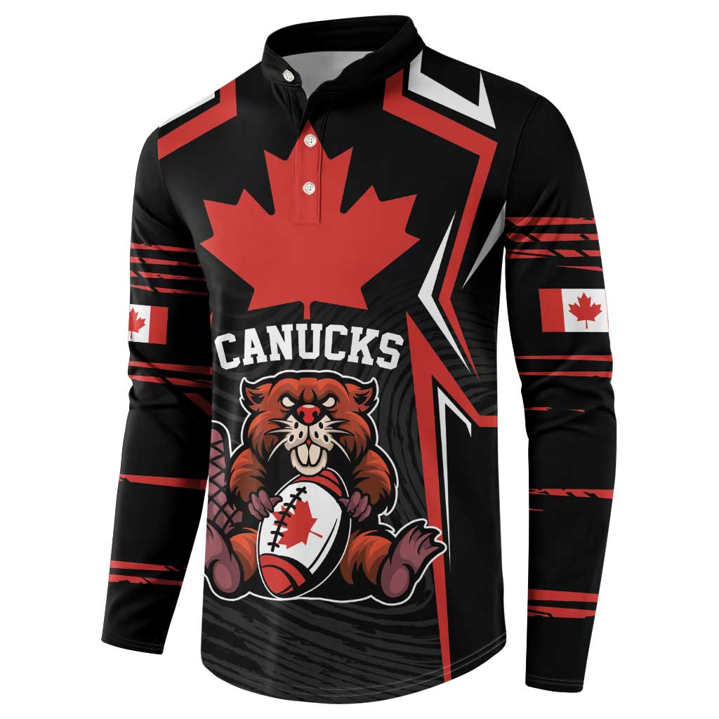 Men's black rugby button sweatshirt with red maple leaf and Canucks mascot chest print