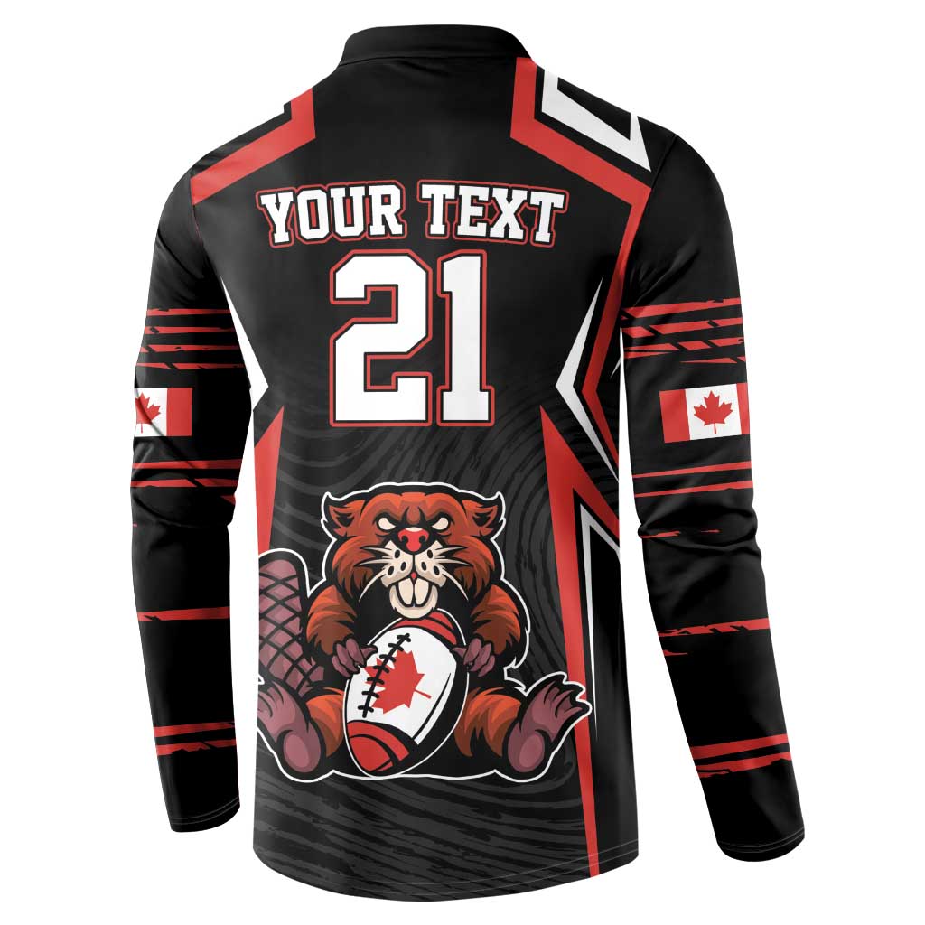 Men's black rugby button sweatshirt back with red 'YOUR TEXT' and number 21