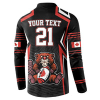 Men's black rugby button sweatshirt back with red 'YOUR TEXT' and number 21