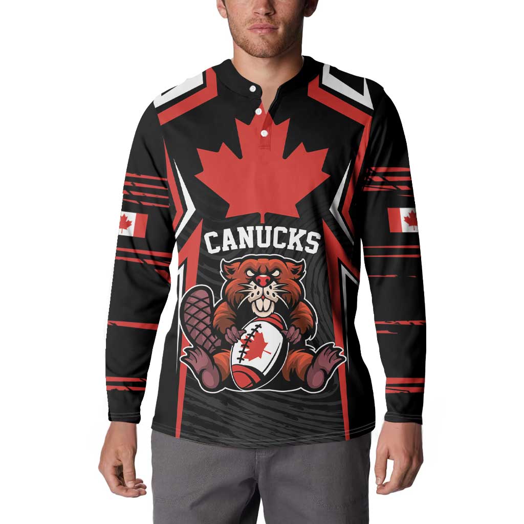 Men's black rugby button sweatshirt with red maple leaf, Canucks logo, and striped sleeves