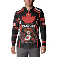 Men's black rugby button sweatshirt with red maple leaf, Canucks logo, and striped sleeves