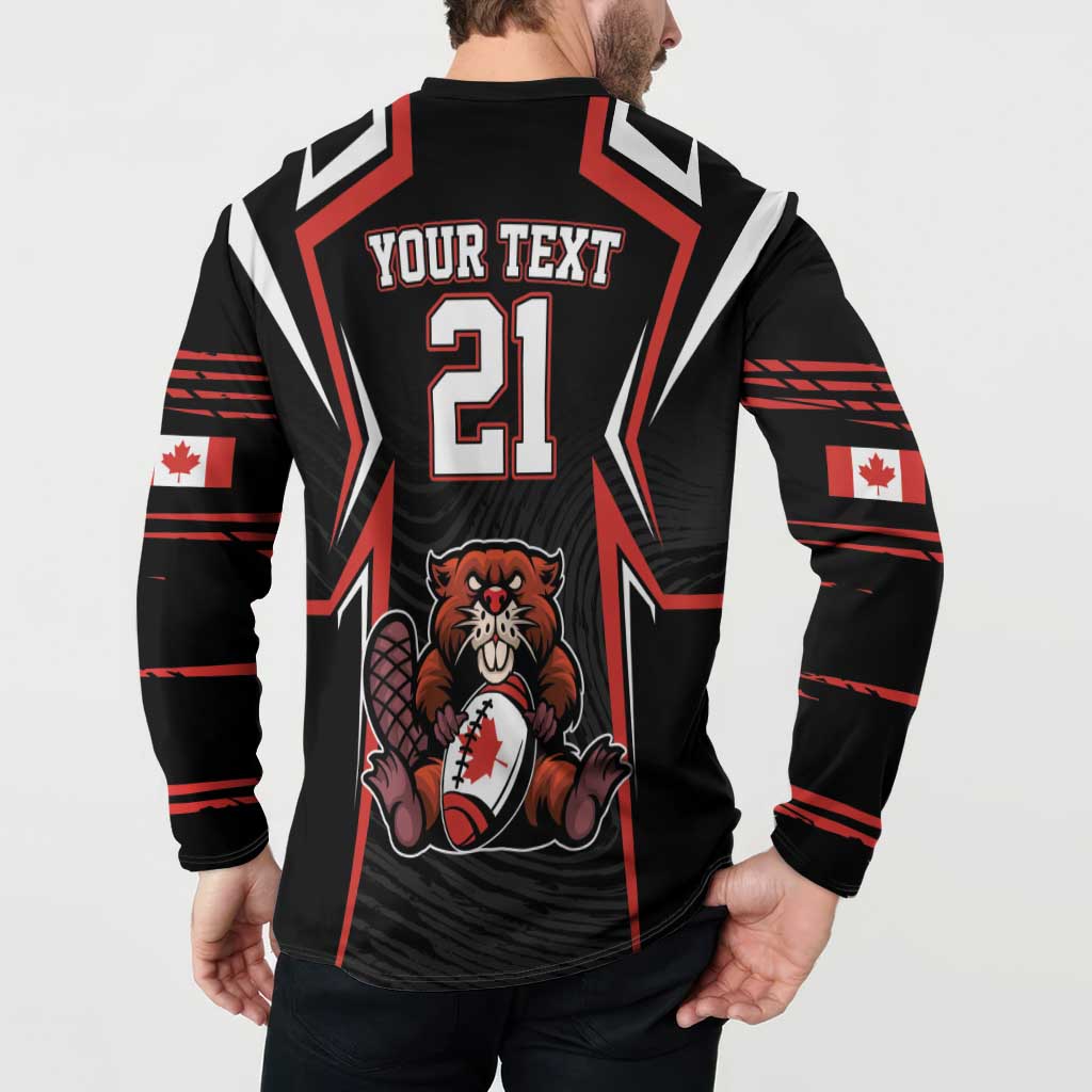 Men's black rugby button sweatshirt back with red 'YOUR TEXT' 21 and Canadian flag details