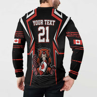 Men's black rugby button sweatshirt back with red 'YOUR TEXT' 21 and Canadian flag details