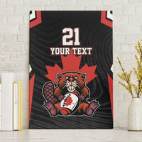 Black canvas wall art with red maple leaf and beaver mascot, full front view