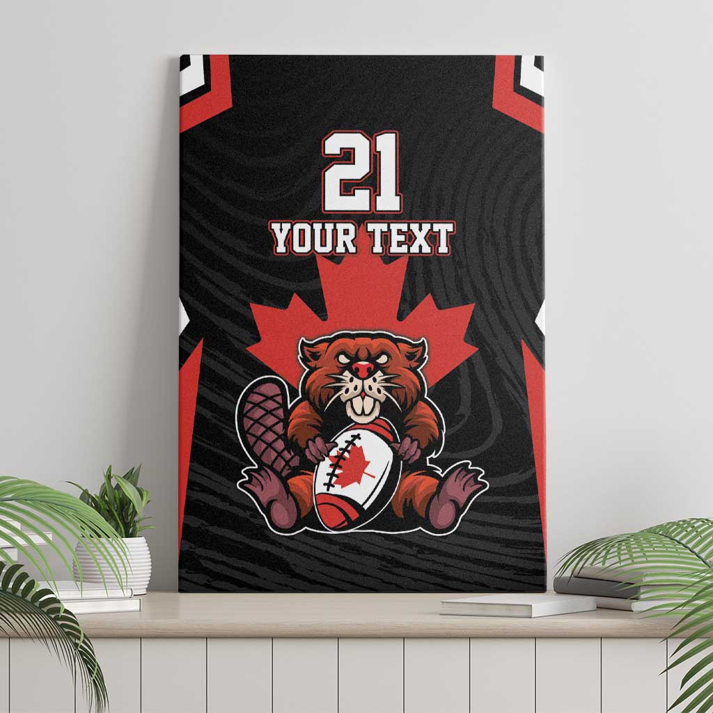 Black canvas wall art with red maple leaf and beaver mascot, custom text area