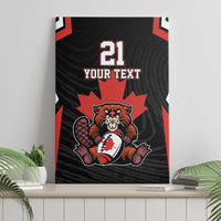 Black canvas wall art with red maple leaf and beaver mascot, custom text area