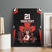 Black canvas wall art with red maple leaf, beaver mascot, and custom text area