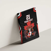 Black canvas wall art with beaver mascot and red accents, mounted on wall