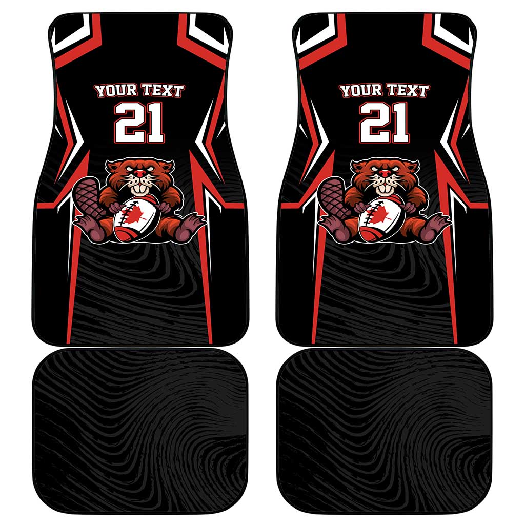 Set of black car floor mats with red trim, Canada beaver and maple leaf logo, “21” design