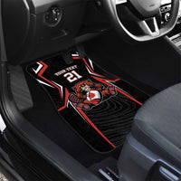 Black passenger car floor mat with red border and Canada beaver maple leaf logo, “21”