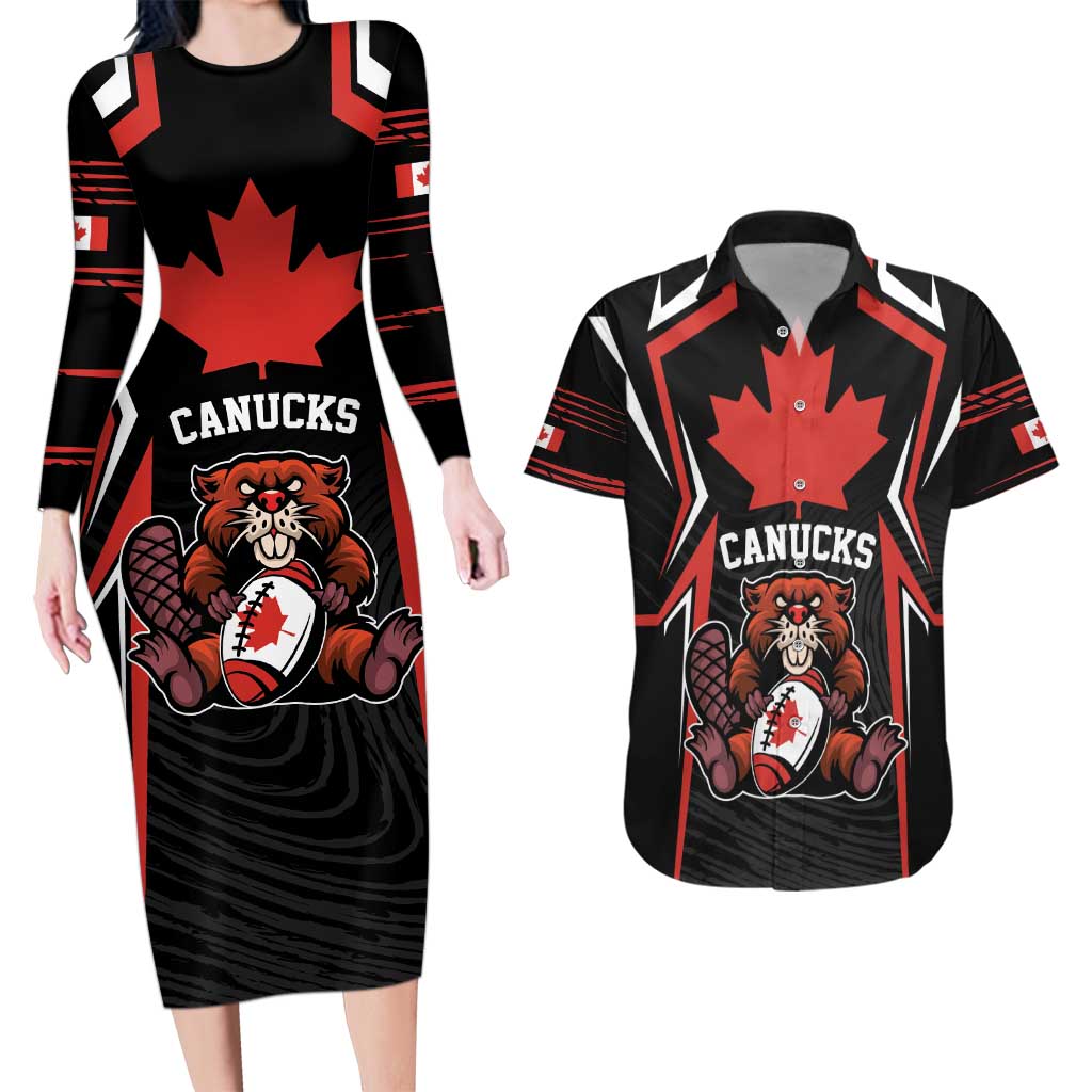 Custom Canada Rugby Pacific Couples Matching Long Sleeve Bodycon Dress and Hawaiian Shirt Beaver and Maple Leaf LT9 - Wonder Print Shop