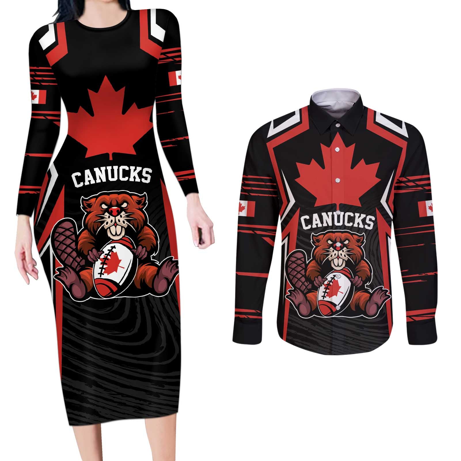 Custom Canada Rugby Pacific Couples Matching Long Sleeve Bodycon Dress and Long Sleeve Button Shirt Beaver and Maple Leaf LT9 - Wonder Print Shop