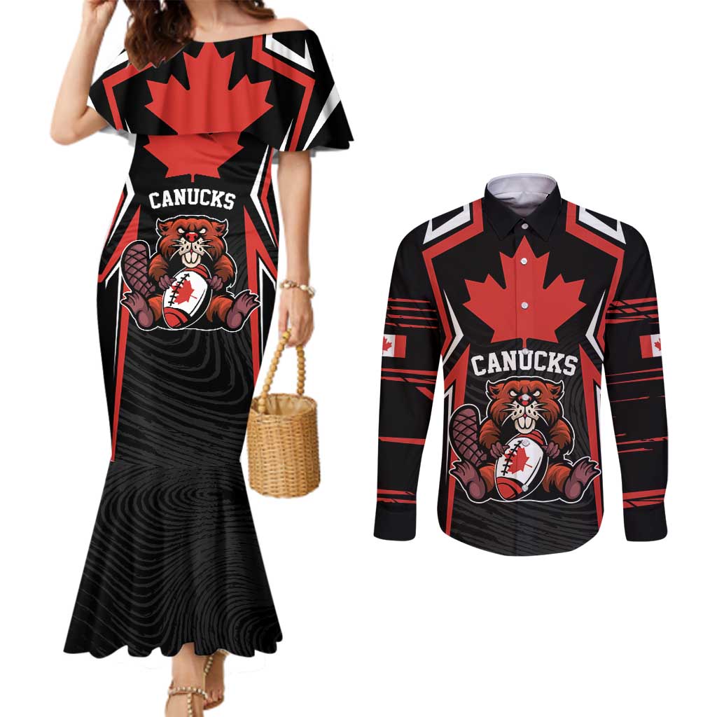 Custom Canada Rugby Pacific Couples Matching Mermaid Dress and Long Sleeve Button Shirt Beaver and Maple Leaf