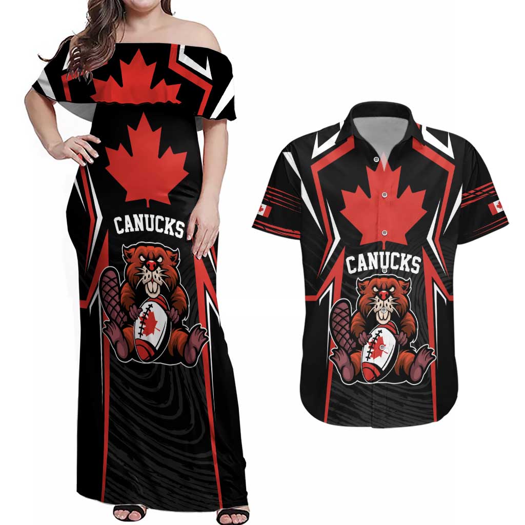 Custom Canada Rugby Pacific Couples Matching Off Shoulder Maxi Dress and Hawaiian Shirt Beaver and Maple Leaf LT9 - Wonder Print Shop