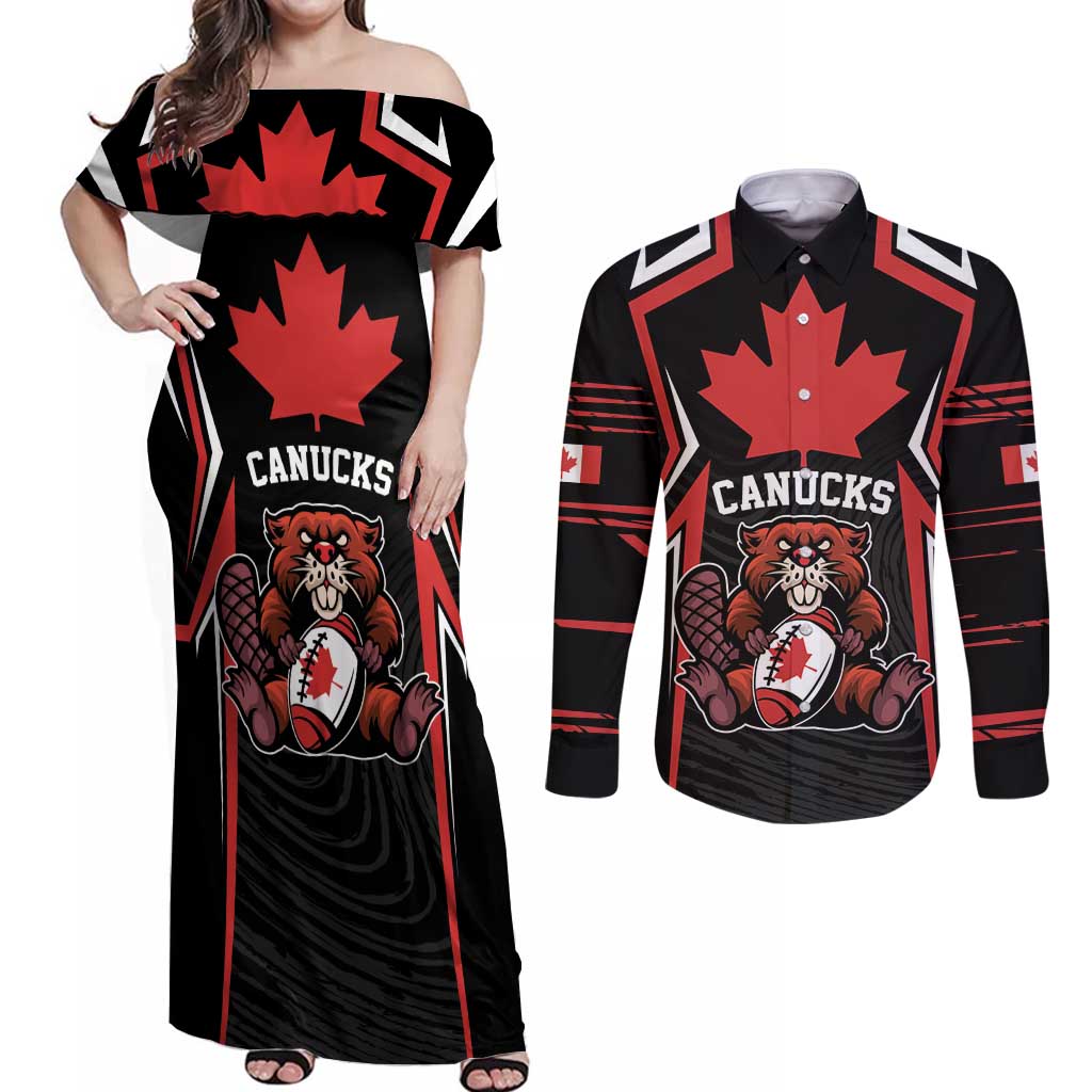 Custom Canada Rugby Pacific Couples Matching Off Shoulder Maxi Dress and Long Sleeve Button Shirt Beaver and Maple Leaf LT9 - Wonder Print Shop