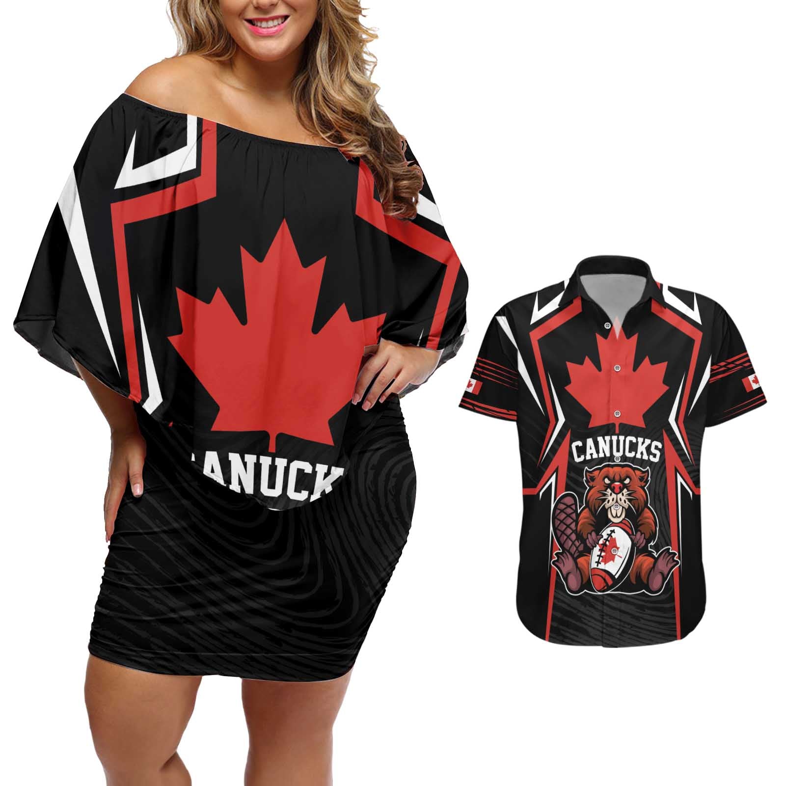 Custom Canada Rugby Pacific Couples Matching Off Shoulder Short Dress and Hawaiian Shirt Beaver and Maple Leaf LT9 - Wonder Print Shop