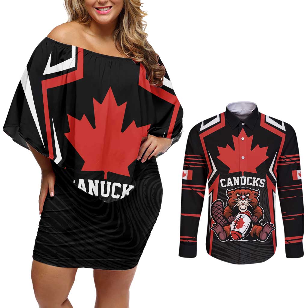 Custom Canada Rugby Pacific Couples Matching Off Shoulder Short Dress and Long Sleeve Button Shirt Beaver and Maple Leaf LT9 - Wonder Print Shop