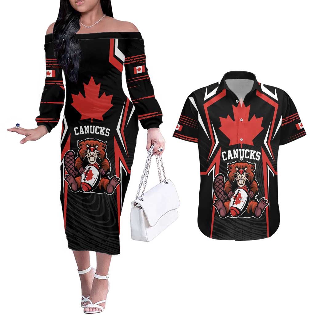 Custom Canada Rugby Pacific Couples Matching Off The Shoulder Long Sleeve Dress and Hawaiian Shirt Beaver and Maple Leaf LT9 - Wonder Print Shop