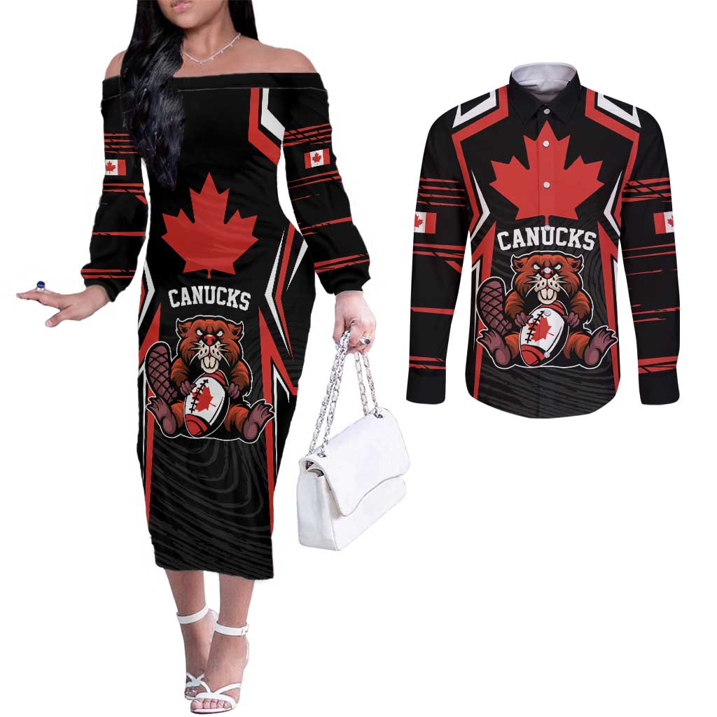 Custom Canada Rugby Pacific Couples Matching Off The Shoulder Long Sleeve Dress and Long Sleeve Button Shirt Beaver and Maple Leaf