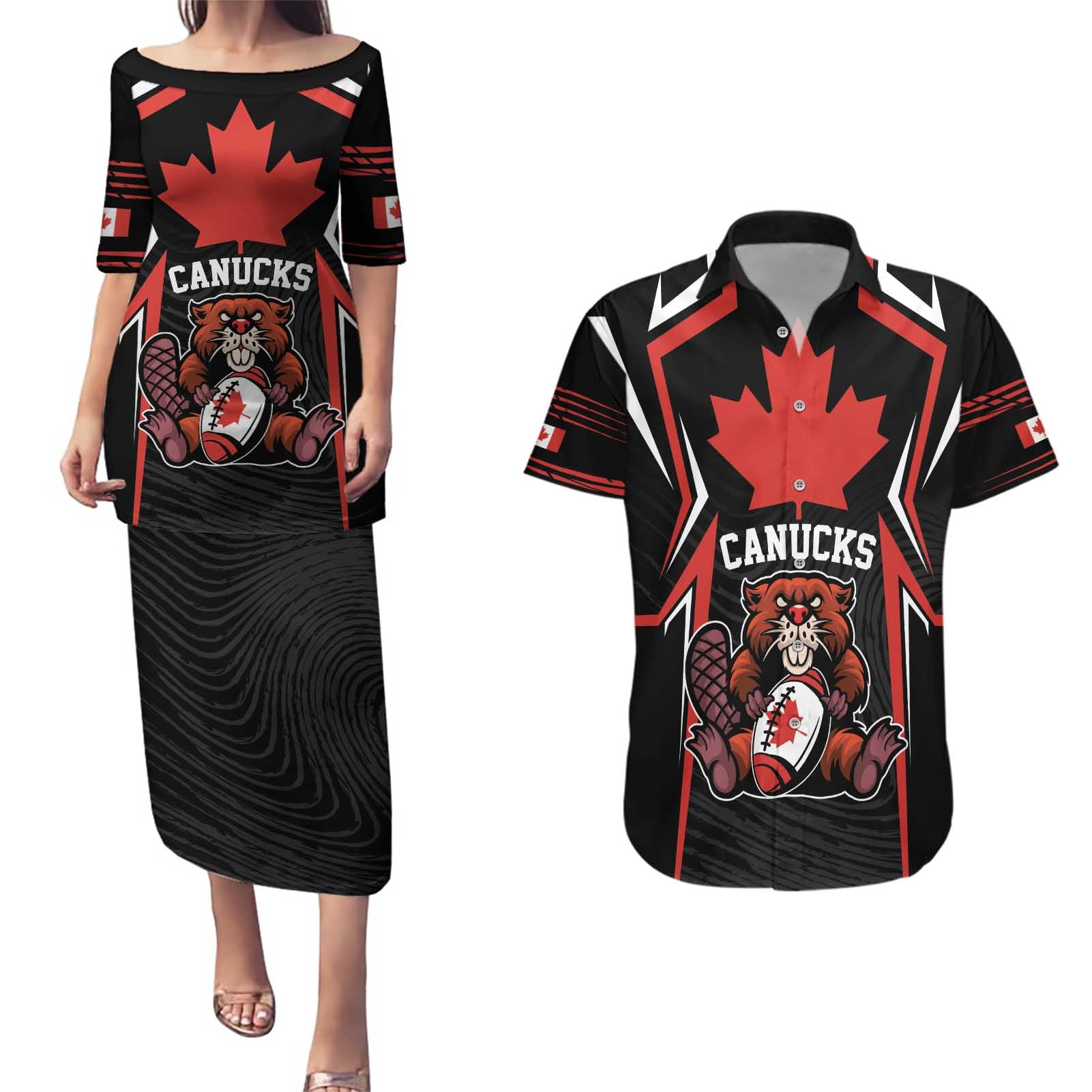 Custom Canada Rugby Pacific Couples Matching Puletasi and Hawaiian Shirt Beaver and Maple Leaf LT9 - Wonder Print Shop