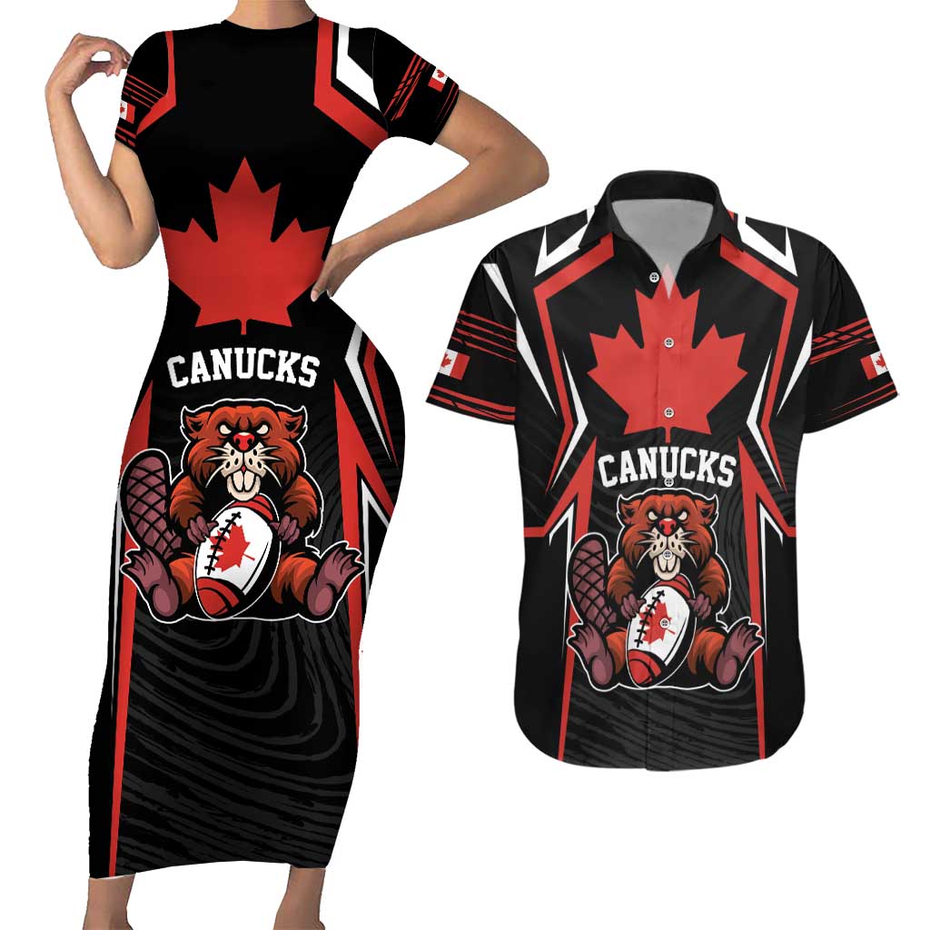 Custom Canada Rugby Pacific Couples Matching Short Sleeve Bodycon Dress and Hawaiian Shirt Beaver and Maple Leaf LT9 - Wonder Print Shop