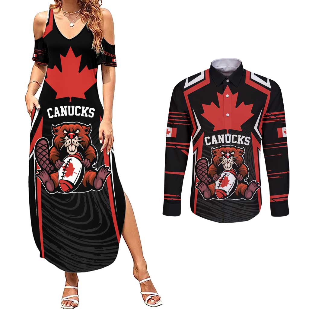 Custom Canada Rugby Pacific Couples Matching Summer Maxi Dress and Long Sleeve Button Shirt Beaver and Maple Leaf LT9 - Wonder Print Shop