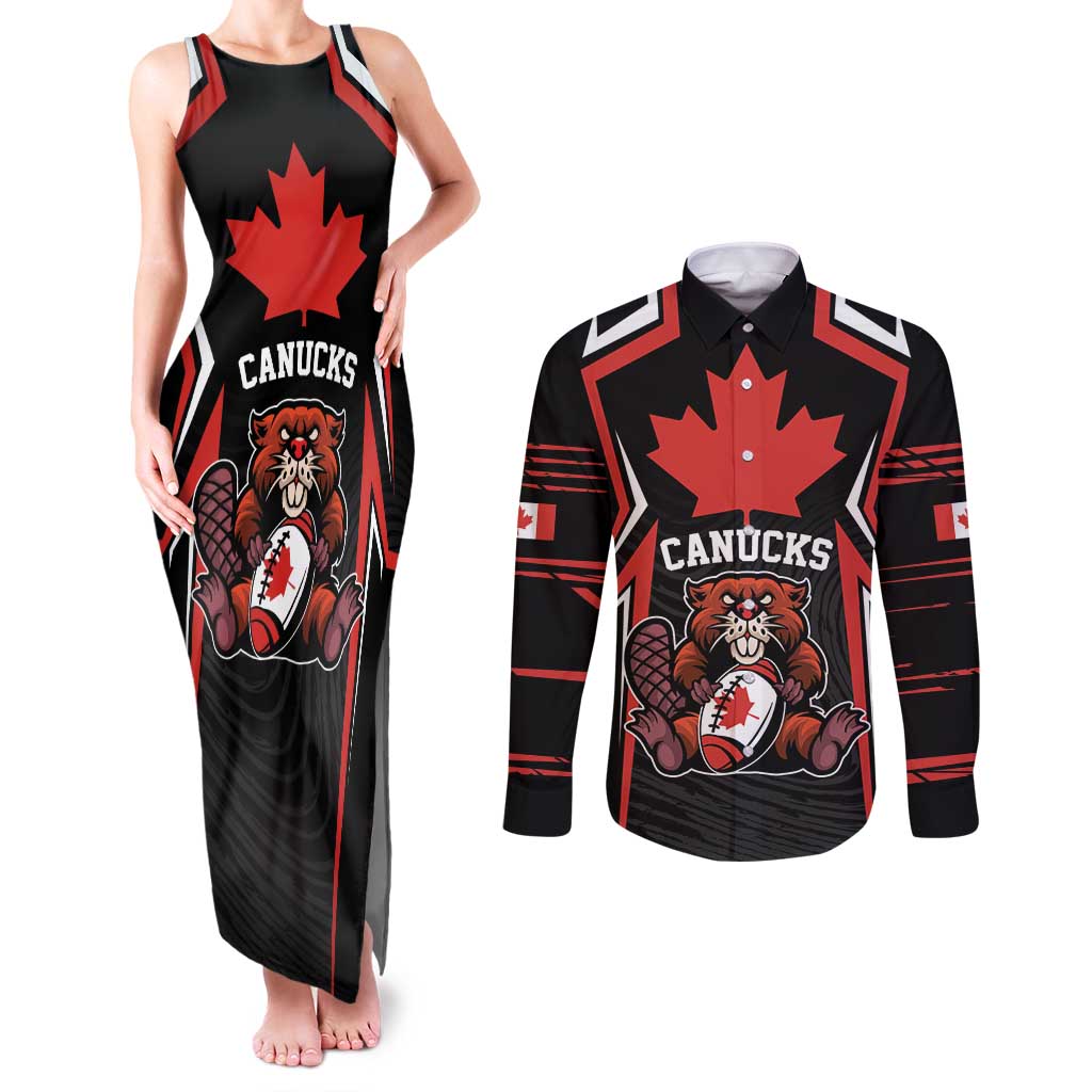 Custom Canada Rugby Pacific Couples Matching Tank Maxi Dress and Long Sleeve Button Shirt Beaver and Maple Leaf LT9 - Wonder Print Shop