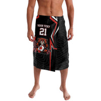 Custom rugby shorts black with red graphic panel, YOUR TEXT 21 and logo