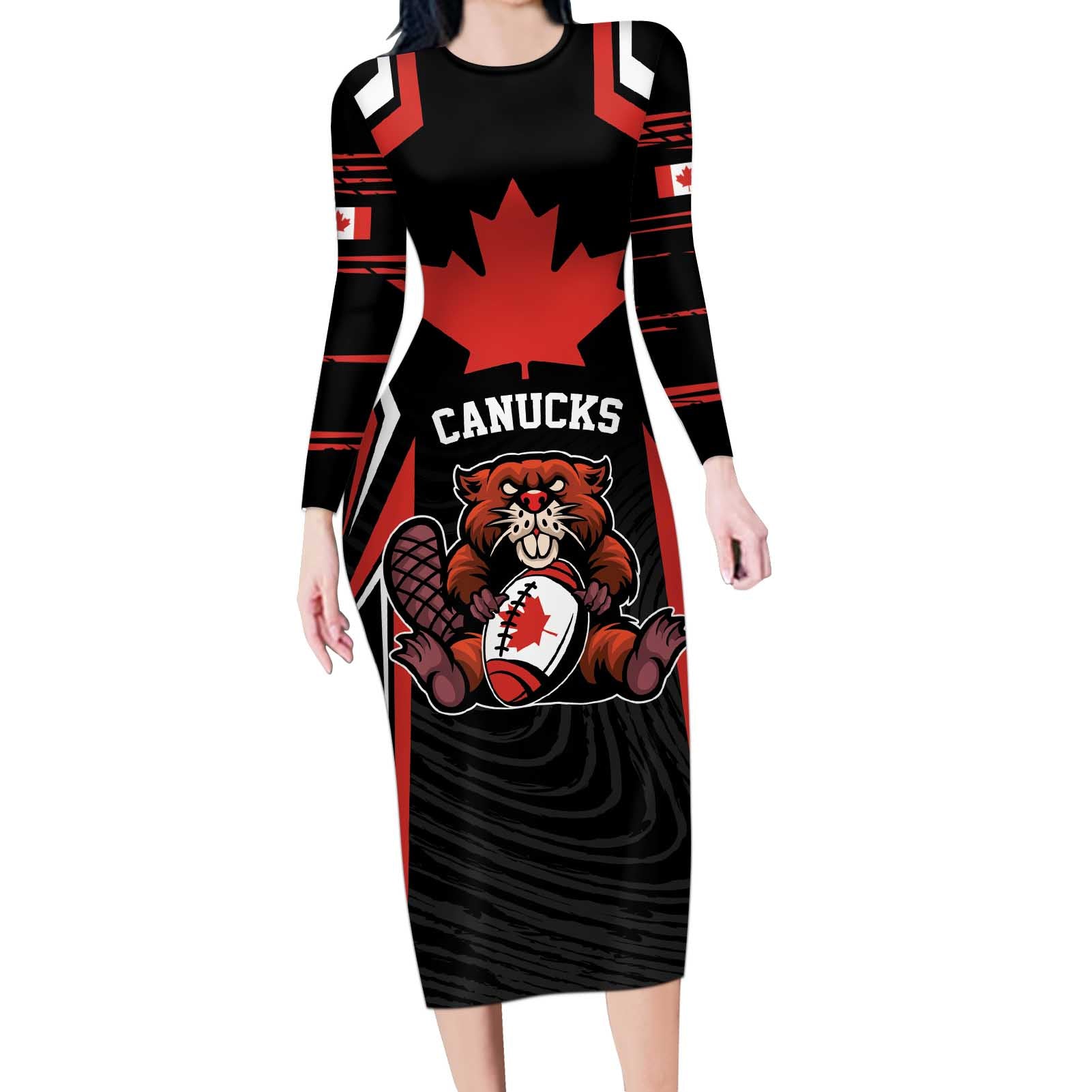 Custom Canada Rugby Pacific Long Sleeve Bodycon Dress Beaver and Maple Leaf - Wonder Print Shop