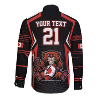 Custom rugby button shirt back, black/red with 'YOUR TEXT' and #21 beaver graphic