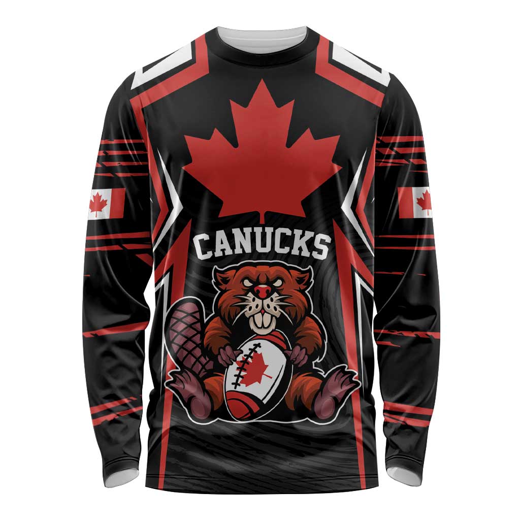 Black long sleeve rugby shirt with red maple leaf and beaver mascot front graphic