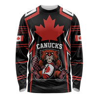 Black long sleeve rugby shirt with red maple leaf and beaver mascot front graphic
