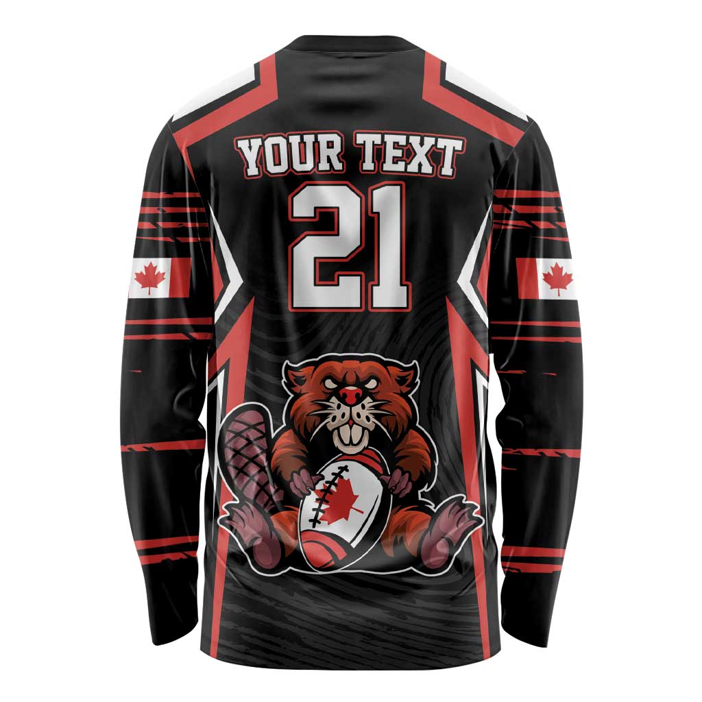 Black long sleeve rugby shirt back with red number 21 and beaver mascot graphic