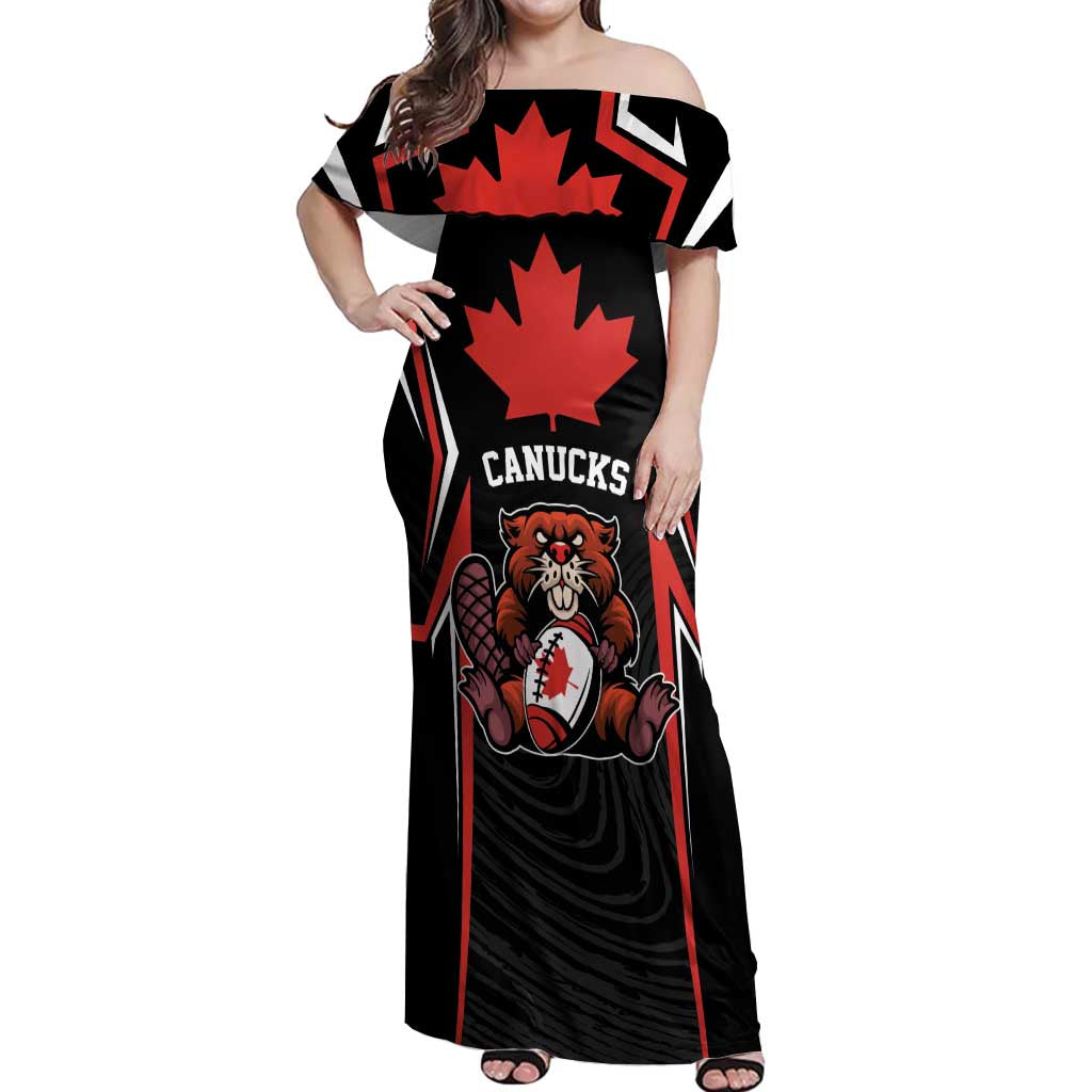 Custom Canada Rugby Pacific Off Shoulder Maxi Dress Beaver and Maple Leaf - Wonder Print Shop