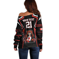 Women's off-shoulder sweater, black with red stripes and back graphic number 21